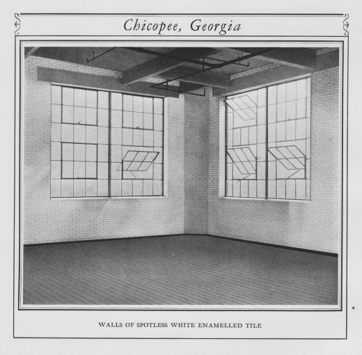 Interior detail of Chicopee Mill in Georgia, showing white enamelled tile on walls.  From our archives.