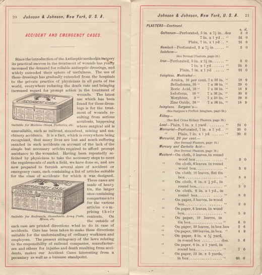 The first Johnson & Johnson First Aid Kits, from our 1888 Price List.  From our archives.