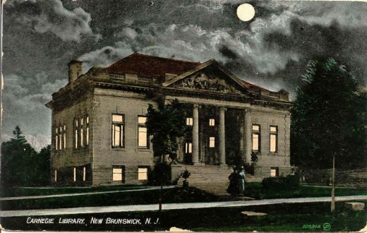 File this under “S” for spooky:  The New Brunswick Free Public Library at night, courtesy of the New Brunswick Free Public Library’s online postcard collection at http://www.nbfpl.org/postcards/pc99.jpg.