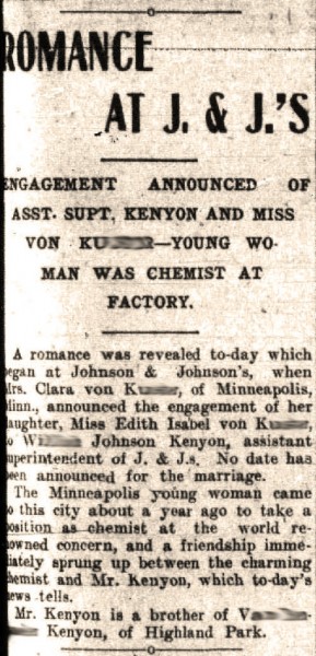 Stop the presses:  an early office romance at Johnson & Johnson!  Clipping from the May 21, 1909 front page of The Home News, courtesy of The New Brunswick Free Public Library.