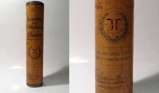 Johnson & Johnson medicated plaster from 1887, with a close up of the early "double J" logo.
