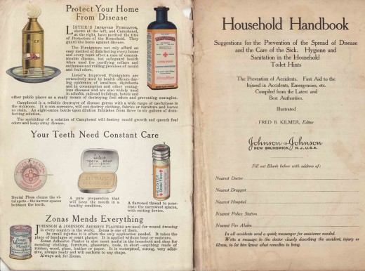 Inside cover of the Johnson & Johnson Household Hand Book, showing some of the Company's early public health products.  From our archives.
