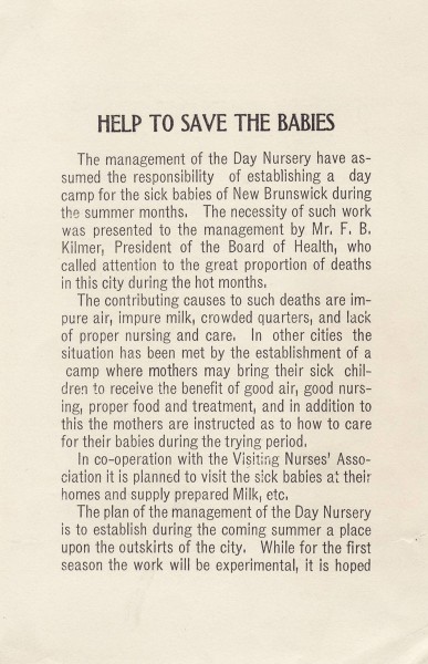 "Save the Babies" information from early New Brunswick, New Jersey infant health campaign.  from our archives.