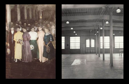 Employees at the dance celebrating the opening of the Johnson & Johnson Cotton Mill Addition in 1908 (left), and a view of the Cotton Mill empty interior (right) with hardwood floors – perfect for dancing!