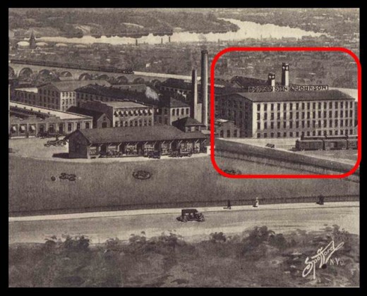 The first Johnson & Johnson building, from a panoramic illustration of the Johnson & Johnson campus in 1908.  The cotton storage shed, formerly the railroad freight house, also can be seen in this image.  From our archives.