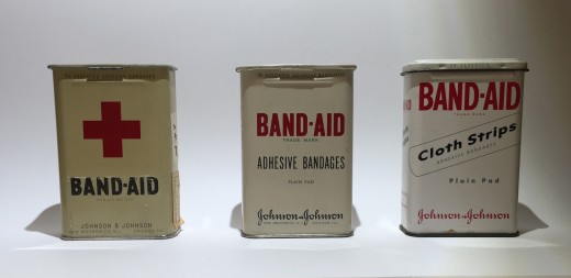 Some of the classic tins from the 1940s and 1950s in our archives that were part of the production of the segment on BAND-AID® Brand Adhesive Bandages. 