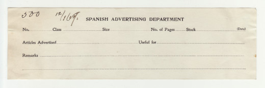 Johnson & Johnson Spanish Language Advertising Department form, from our archives.