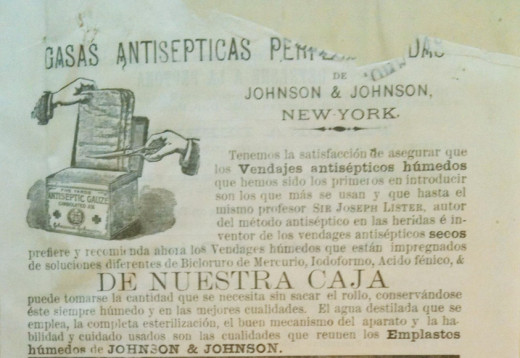 Top half of an undated very early sterile surgical dressings and absorbent cotton Spanish-language ad, from our archives.