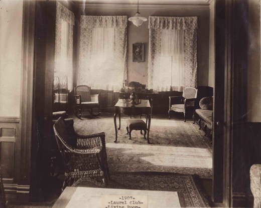 The Laurel Club living room in 1907, from our archives. No doubt this was the scene of many a discussion about the 1908 trip!