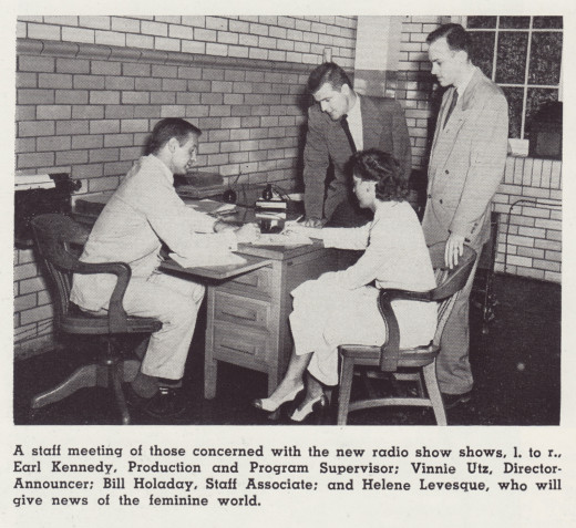 Vinnie Utz (standing, second from left) meeting with colleagues about the Johnson & Johnson radio show.  From our archives.