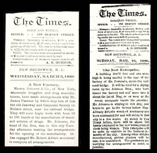 Articles about Johnson & Johnson in the March, 1886 New Brunswick Times.