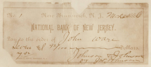 The first check ever written by Johnson & Johnson, signed by James Wood Johnson, from our archives.  Pay close attention to the way James Wood Johnson wrote the company's name:  the familiar and iconic Johnson & Johnson logo is based on his handwriting!  