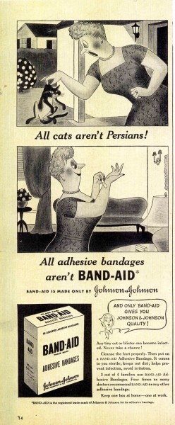 BAND-AID® Brand Adhesive Bandages cat ad, 1940s. From our archives.