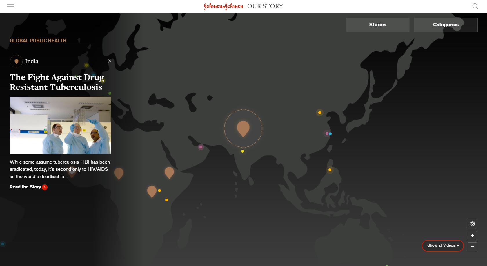 Click on a colorful hotspot anywhere on this world map to pull up a story!