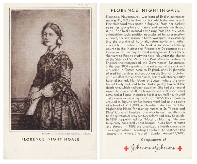 Front and back of a 1934 Johnson & Johnson post card honoring Florence Nightingale.  Image courtesy: Johnson & Johnson Archives.