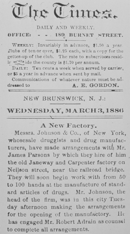 Article about Johnson & Johnson opening in 3/3/1886 New Brunswick Times