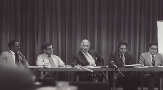 John Heldrich (second from left) and Richard Sellars (center) in a meeting during the early stages of New Brunswick's revitalization, 1976.  From our archives.