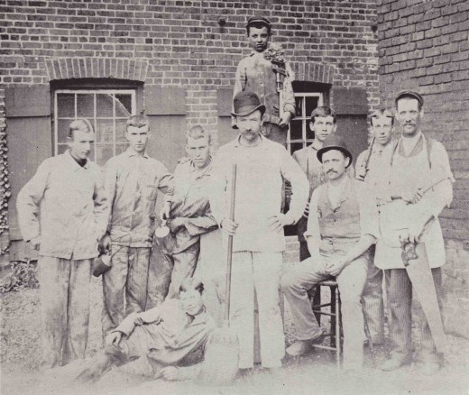 Johnson &amp; Johnson employees in front of the Old Mill, 1888.  From our archives.