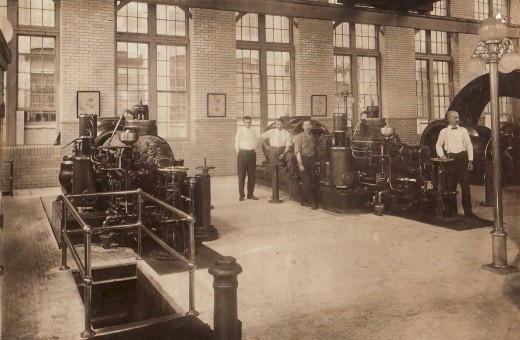 Interior of the Powerhouse, showing the large windows and tiled walls.  From our archives.