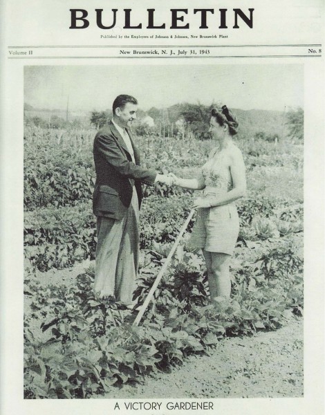 Johnson & Johnson Bulletin cover showing employee Constance H---, an inspector in the First Aid Department, tending to her Victory Garden in 1943. From our archives.