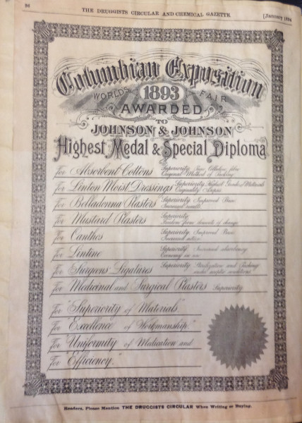 1893 Columbian Exposition Award to Johnson & Johnson, published in The Druggists Circular and Chemical Gazette, from our archives.