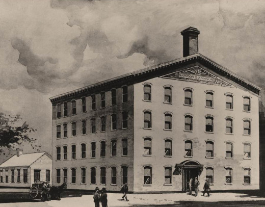 Artist's rendition of the first Johnson & Johnson building, from our archives.  The four-story brick building was actually nestled among a variety of other brick manufacturing buildings, close to the railroad depot.