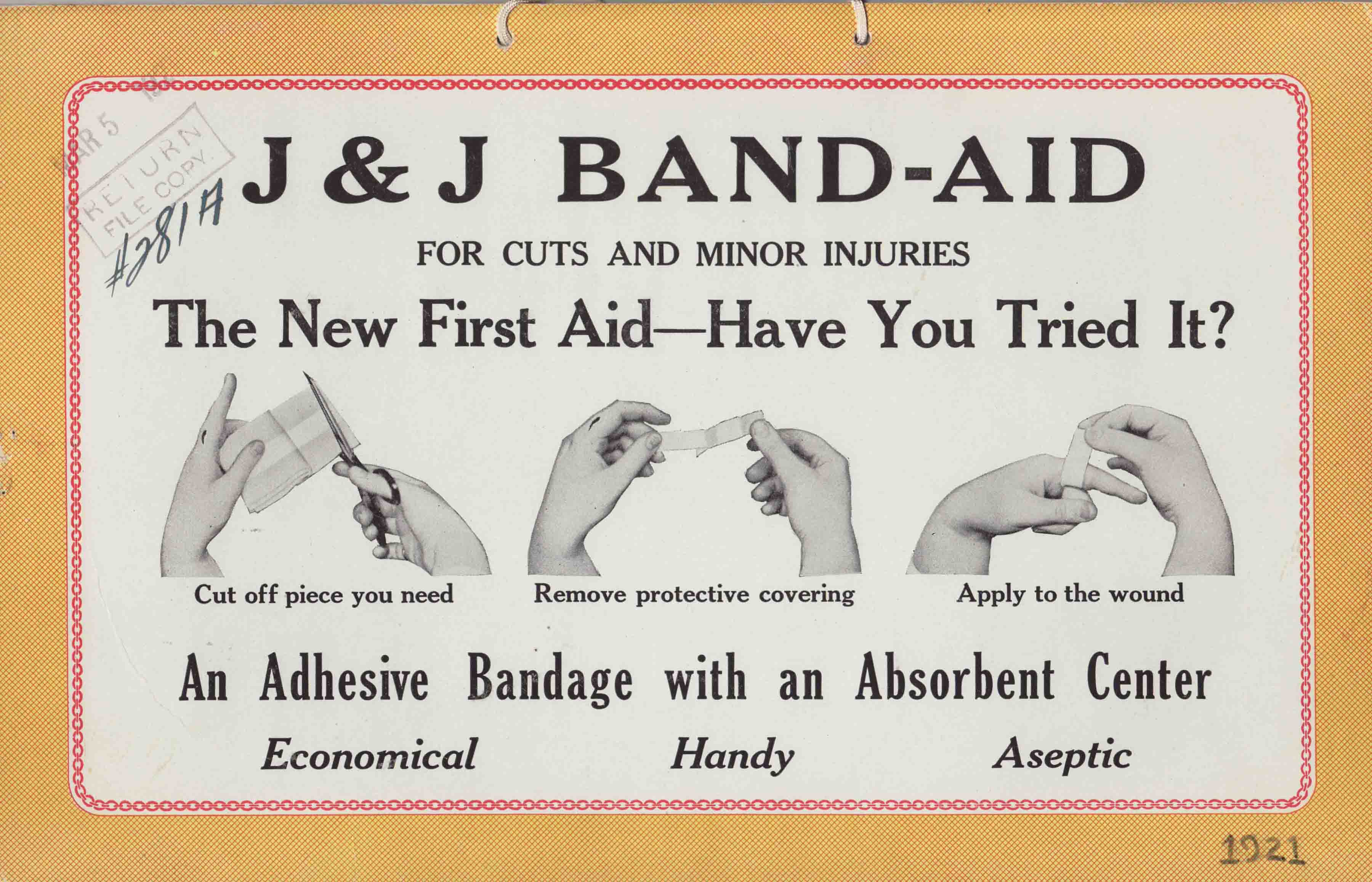 BAND-AID<sup>®/<sup> Brand Adhesive Bandage ad from 1920, showing the product as Earle Dickson invented it.  Image: Johnson & Johnson Archives.