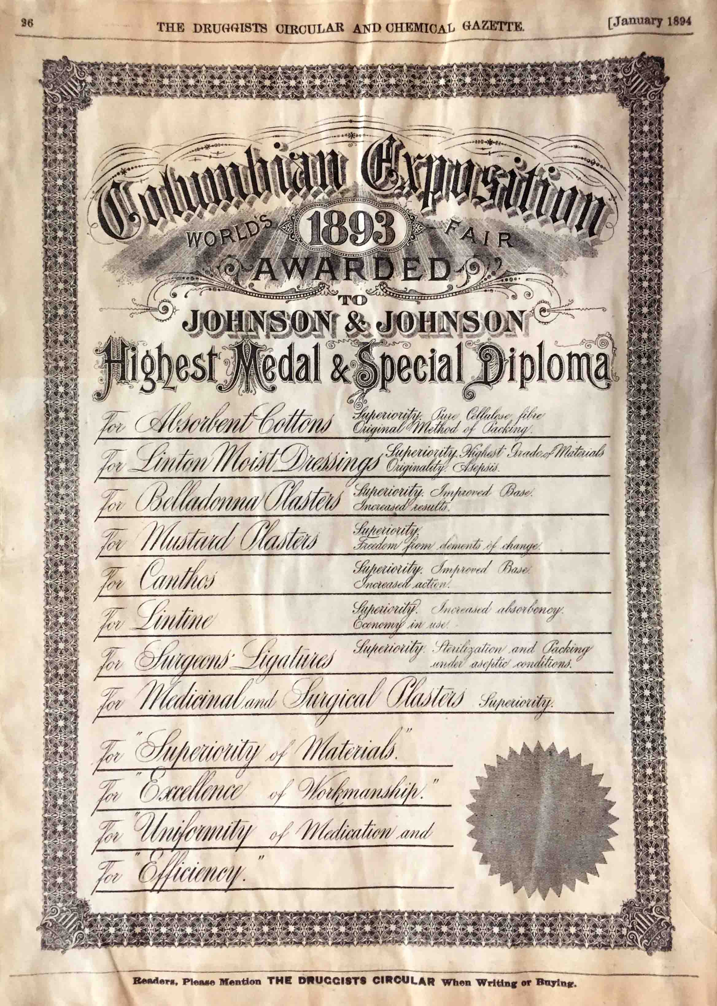  The Award for Excellence earned by Johnson & Johnson at the 1893 Chicago World’s Fair.  Image: Johnson & Johnson Archives.