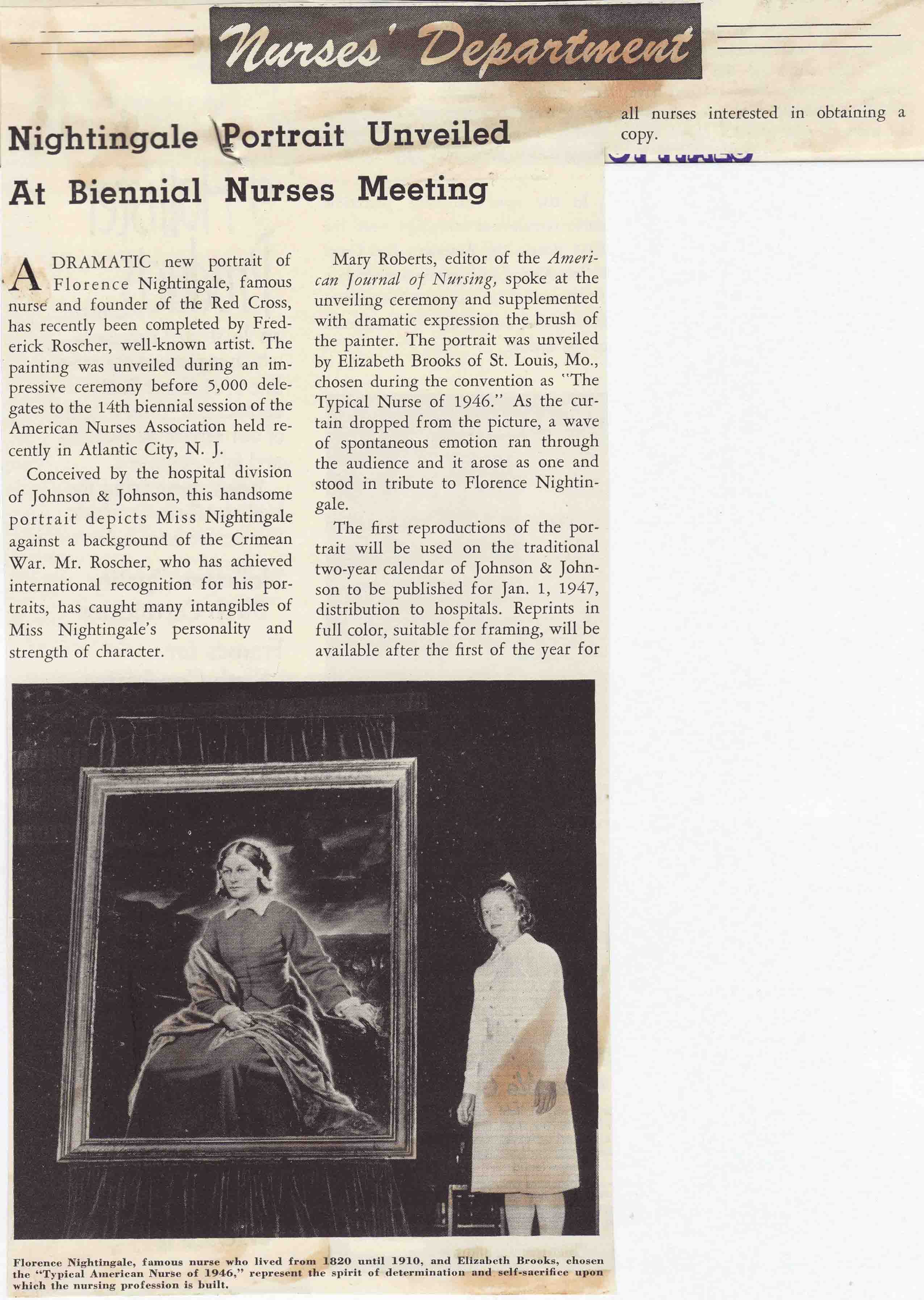 A news clipping from Southern Hospitals Newsletter announces the debut of the painting, November, 1946.  Image courtesy: Johnson & Johnson Archives