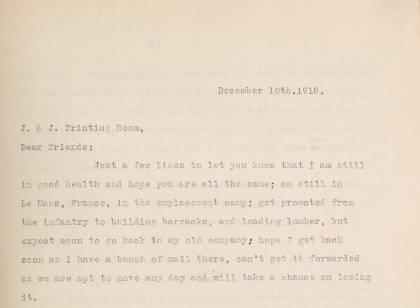 Excerpt from one of Walter C---'s many letters to his colleagues during World War I.  Image courtesy: Johnson & Johnson Archives.