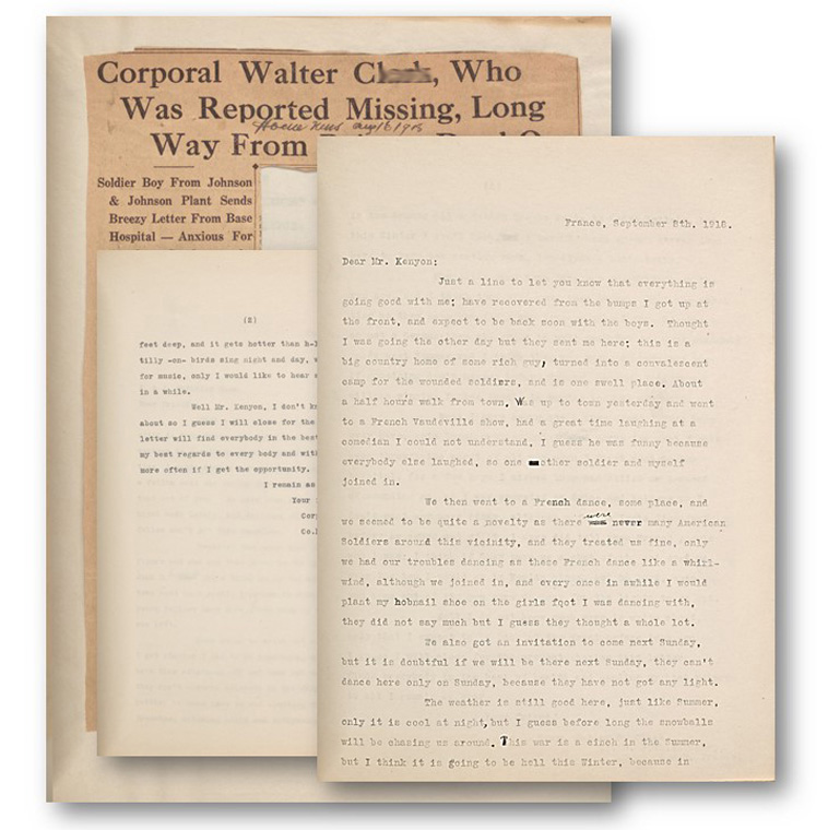 Letters from Walter C--- and coverage in the New Brunswick Daily Home News.  Image courtesy: Johnson & Johnson Archives.